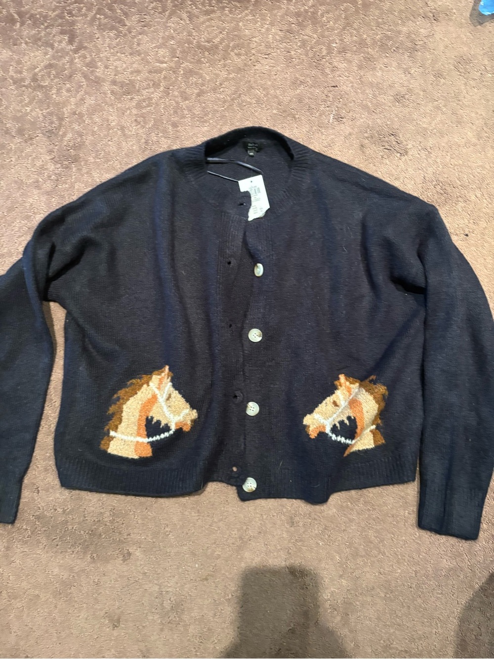 debut Navy Cardigan Sweater with Embroidered Horse Heads